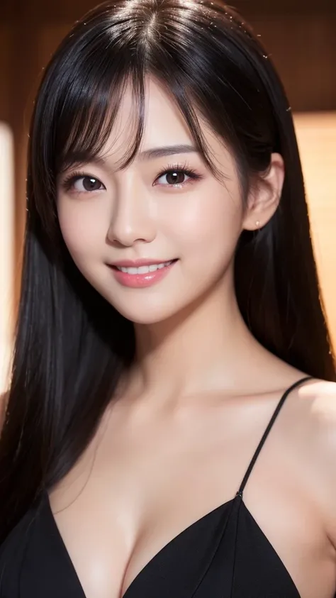 (Super beautiful woman)、((highest quality、8K masterpiece:1.3))、sharp focus:1.2、(super beautiful face:1.0)、(shiny skin:1.0)、realistic pictures、black hair、video lighting、High resolution eyes and face、video lighting、japanese actress、from the front、with a happ...