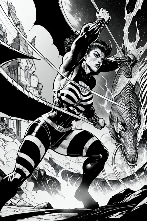 The panel of a comic about a muscle girl wearing only a brassier and tight shorts with black and white stripes holding a berserk and fighting dragons and other nizarre creatures.