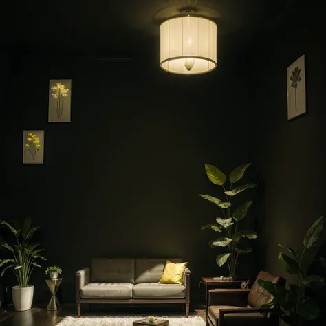 Futuristic living room with a dim yellow ambient lighting, flowering plants,  and a modern art decor on the dark wall