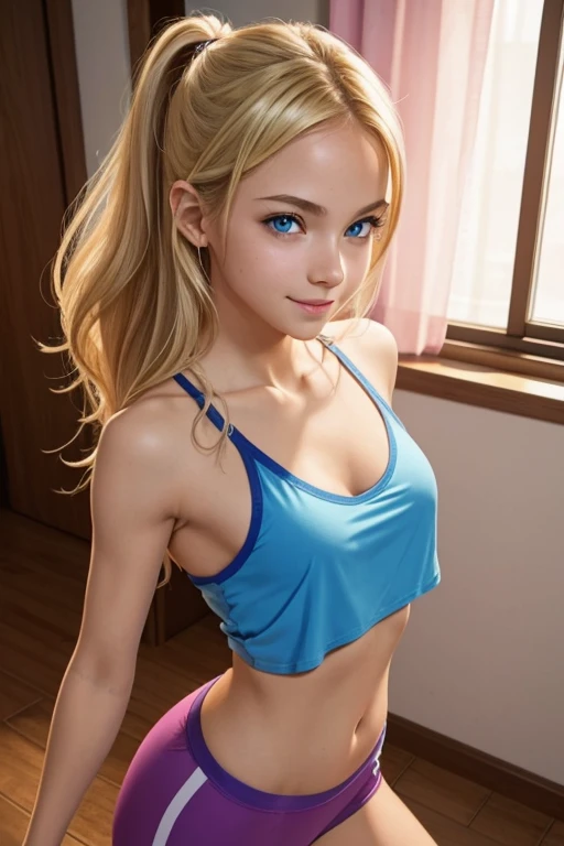 Sexy teen yoga student, smirk,  (tiny athletic body), nipples, sensual, deep cleavage, downblouse,  blue eyes, realistic, 3d, cute face, wearing a pink cropped camisole and Brazilian bottoms, blonde, vagina