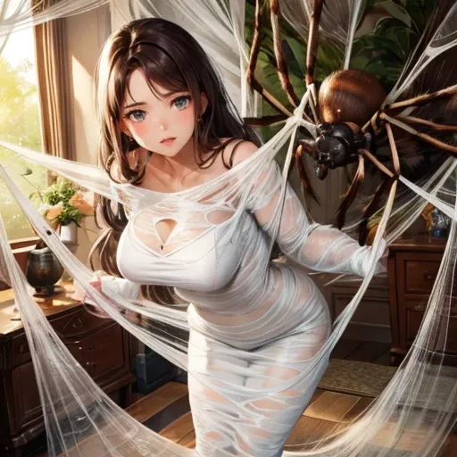 1girl,Spider weaving a net on the girl,réalism:1.2,ultra-detailed,bedroom setting,stretched pose,struggling in the net,brown haired,very long sheer skirt,oaken floor,soft sunlight,delicate spider silk,lace curtains,bedside table,decorative pillows, spider ...