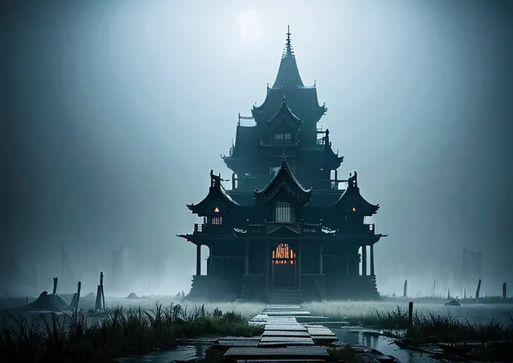 A dark castle in the middle of a swamp with vegetation, foggy, gothic, ismail inceoglu, hdr, . ZEROSTYLEBG, Japanese Horror game Zero style, japanese horror background, Horror background, japanese Horror style, japanese Horror image