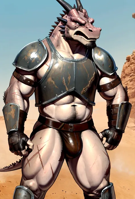  
Solo Sexy anthro scalie dragon male mercenary medieval solider, slim endomorph muscular handsome model male apperance, sword scars, worn out rusty skimpy armament, low on hips heavy leather belt, old very worn out skimpy dirty linen material jockstrap, o...