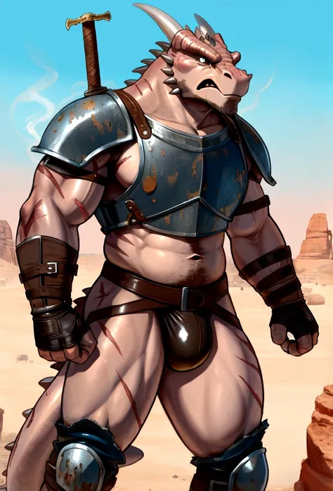  
Solo Sexy anthro scalie dragon male mercenary medieval solider, slim endomorph muscular handsome model male apperance, sword scars, worn out rusty skimpy armament, low on hips heavy leather belt, old very worn out skimpy dirty linen material jockstrap, o...