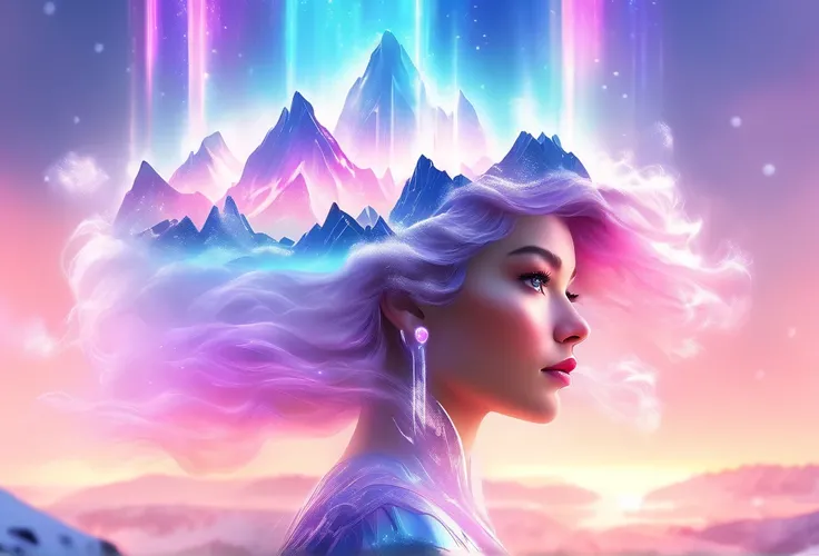 Model shooting style, (extremely detailed 8k cg wallpape),extreme light，1girll，Stand under the iceberg，Admire the beautiful Northern Lights，Personachi Cyberpunk [Snow-capped mountain landscape with fog：Transparent ethereal girl，snow mountains：0.33] Immerse...