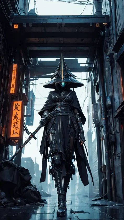 A nomadic robot, in the desert, wearing a messy shawl, holding a staff, wearing a large metal hat, rough, rusty, dusty body, thin frame, tall, cyberpunk, Cyborg., Surreal version of a woman holding a sword in her hand, very beautiful cyberpunk samurai, ani...