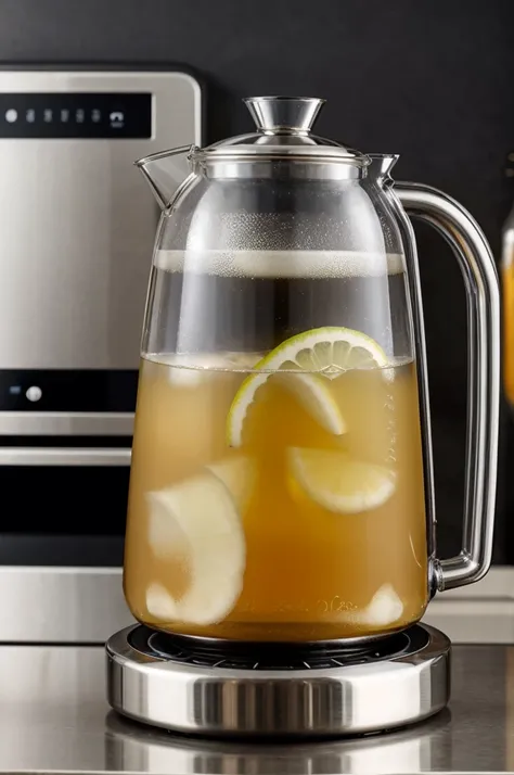 a transparent kettle with ginger root inside, boiling water, on top of a stove
