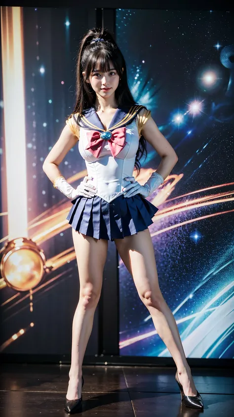 (8K、RAW Photos、Highest quality、masterpiece:1.2)、(Realistic、Realistic)、1 Girl、((Sailor Moon Costume:1.2、Thin legs、whole body、View from the front、smile、Looking into the camera、Stand with hands on hips))、cute、The background is a slum