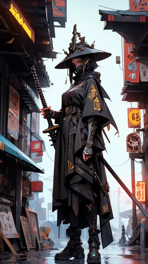 A nomadic robot, in the desert, wearing a messy shawl, holding a staff, wearing a large metal hat, rough, rusty, dusty body, thin frame, tall, cyberpunk, Cyborg., Surreal version of a woman holding a sword in her hand, very beautiful cyberpunk samurai, ani...