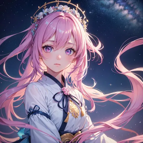 Sky blue braid hair,(Pink Eyes),Fair skin ,(whole body),(One girl),Hanfu,Tanabata,(The beautiful, sparkling Milky Way in the night sky),Lonely Eyes,,(masterpiece, Highest quality, Very detailed, Best Shadow), (Detailed Background), (Beautifully detailed fa...