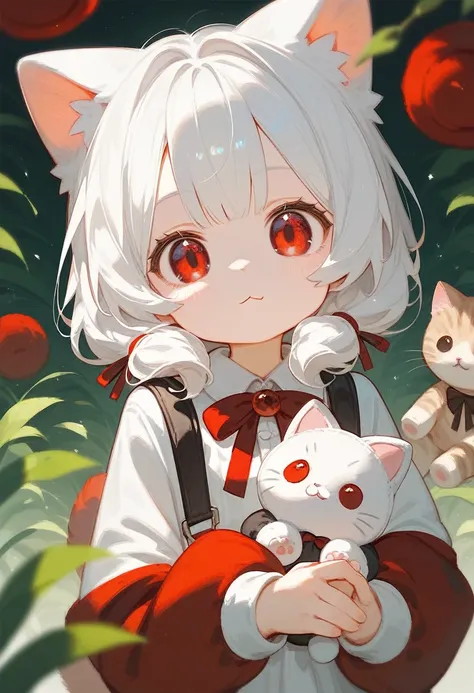 Young girl, white hair, neko, red eyes, cute, cat plush in her hands