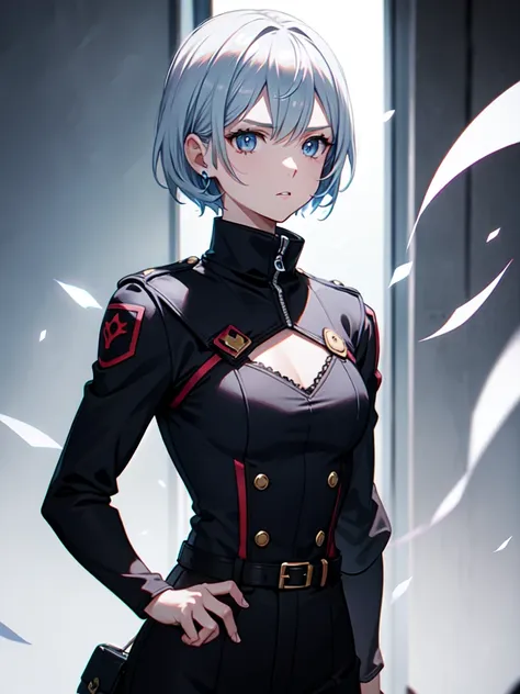 1 girl, white hair, sharp eyes, light blue eyes, bow, serious look, masterpiece, high quality, short hair, black uniform