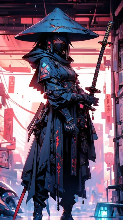 A nomadic robot, in the desert, wearing a messy shawl, holding a staff, wearing a large metal hat, rough, rusty, dusty body, thin frame, tall, cyberpunk, Cyborg., Surreal version of a woman holding a sword in her hand, very beautiful cyberpunk samurai, ani...