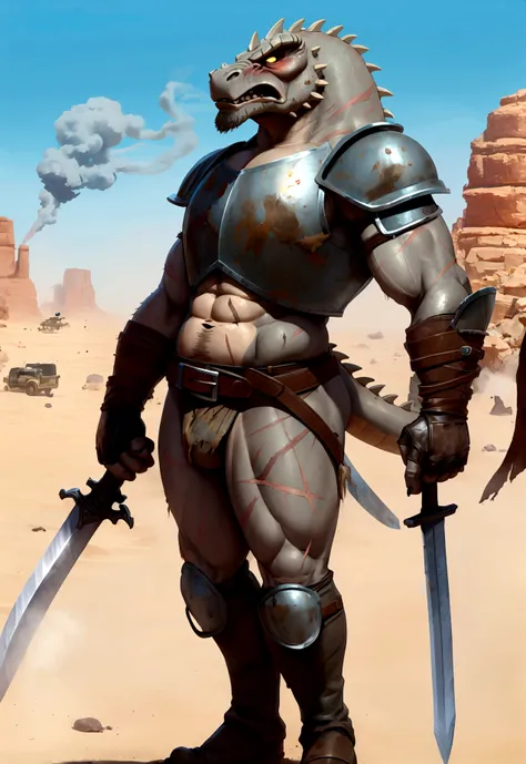  
Solo Sexy anthro scalie dragon male mercenary medieval solider, slim endomorph muscular handsome model male apperance, sword scars, worn out rusty skimpy armament, low on hips heavy leather belt, old very worn out skimpy dirty linen material jockstrap, o...