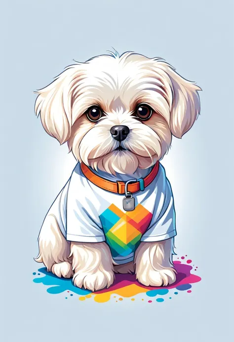 a t-shirt with graphic design art, flat illustration of a maltese dog ,  cuddly, colorful tones, highly detailed cleanliness, im...