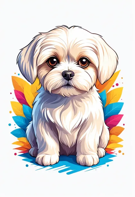 A t-shirt with graphic design art, flat illustration of a Maltese Dog ,  cuddly, colorful tones, highly detailed cleanliness, imagem vectorial, photorealistic masterpiece, professional photograpy, plain white background, isometric, Vibrant, vector