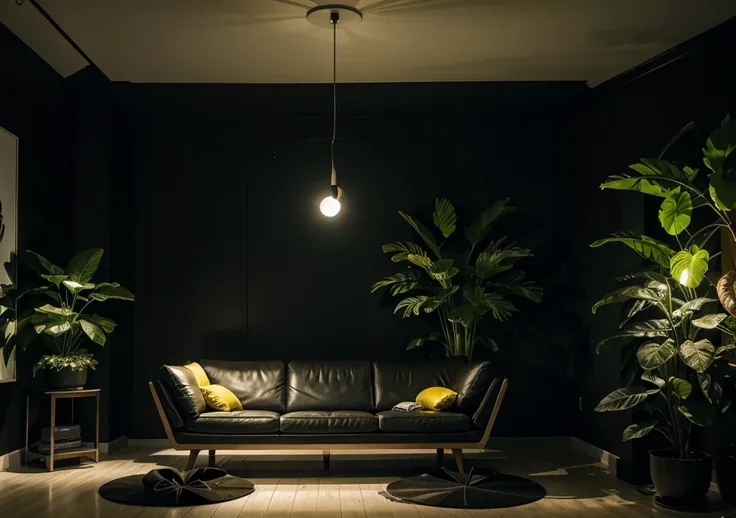 Futuristic living room at night, with a dim yellow ambient lighting, flowering plants,  and a modern art decor on the dark wall