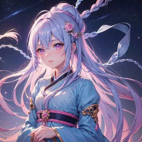 Sky blue braid hair,(Pink Eyes),Fair skin ,(whole body),(One girl),Hanfu,Tanabata,(The beautiful, sparkling Milky Way in the night sky),Lonely Eyes,,(masterpiece, Highest quality, Very detailed, Best Shadow), (Detailed Background), (Beautifully detailed fa...