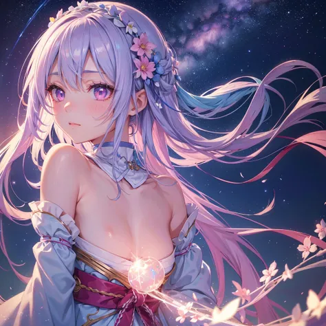 Sky blue braid hair,(Pink Eyes),Fair skin ,(whole body),(One girl),Hanfu,Tanabata,(The beautiful, sparkling Milky Way in the night sky),Lonely Eyes,,(masterpiece, Highest quality, Very detailed, Best Shadow), (Detailed Background), (Beautifully detailed fa...