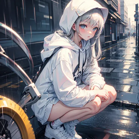 Anime girl wearing a white hoodie with a gray hair on a rain city