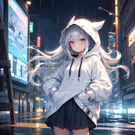 Anime girl wearing a white hoodie with a gray hair on a rain city