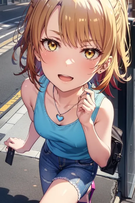 Irohaisshiki, isshiki iroha, Long Hair, Brown Hair, (Brown eyes:1.5), blush,Shoulder length and short braids,ponytail,
happy smile, smile, Open your mouth,Blue Tank Top,Heart Necklace,Skinny jeans,Stiletto heels,Daytime,Clear skies,Walking,So that the whol...