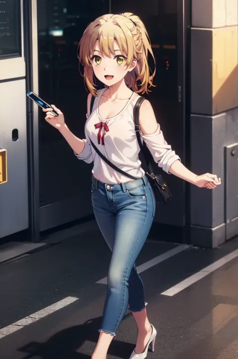 Irohaisshiki, isshiki iroha, Long Hair, Brown Hair, (Brown eyes:1.5), blush,Shoulder length and short braids,ponytail,
happy smile, smile, Open your mouth,Cold Shoulder Shirt,Skinny jeans,Stiletto heels,Daytime,Clear skies,Walking,So that the whole body go...