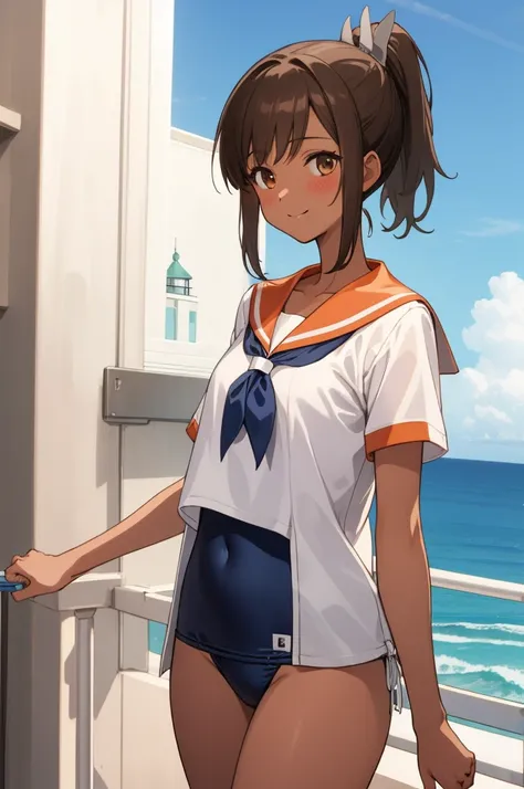 ((masterpiece)),(Highest quality),Official Art,Highly detailed CG,unity 8k wallpaper,Super detailed,Lighthouse on top of a cliff by the sea,One girl,一人in,Cowboy Shot,brown_hair,Dark Skin,Sunburn,School_Swimwear,brown_eye,smile,one piece_Swimwear,Swimwear_D...