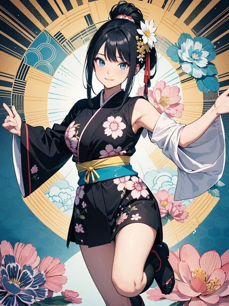 dynamic dancing moves with full of energy and movement, jumping high, full body portrait, happy expression, Japanese festival, with lively action poses, Positive Space, asymmetry, dynamic angle, A detailed illustration of an anime girl with blue eyes weari...