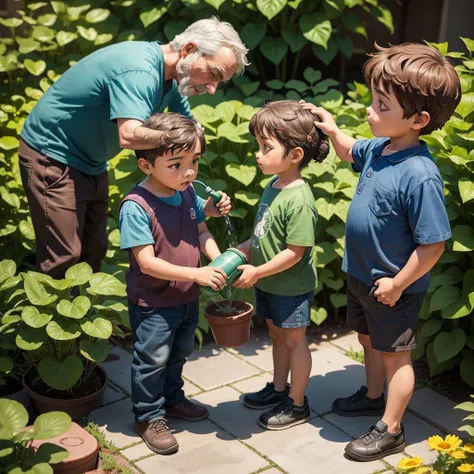 A middle-aged man and a  are watering the plants, childrens book figure, childrens book figure, childrens book figure, commercial figure, childrens book figure, flat figure, detailed 2D figure, 2D figure, 2D figure, childrens book figure, childrens book fi...