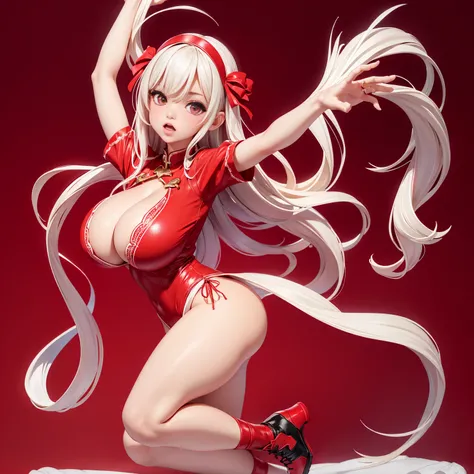 (full_body)、Woman、red_background、(big_breasts:1.5)、Detailed、POP、vivid、pose:1.2、Open chest、idol