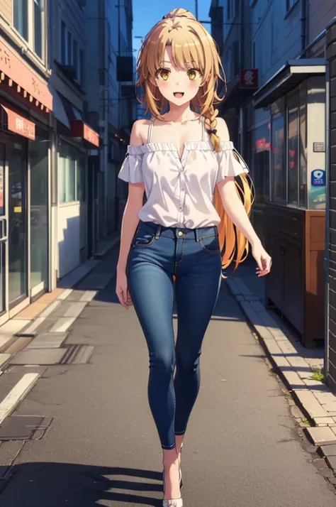 Irohaisshiki, isshiki iroha, Long Hair, Brown Hair, (Brown eyes:1.5), blush,Shoulder length and short braids,ponytail,
happy smile, smile, Open your mouth,Cold Shoulder Shirt,Skinny jeans,Stiletto heels,Daytime,Clear skies,Walking,So that the whole body go...