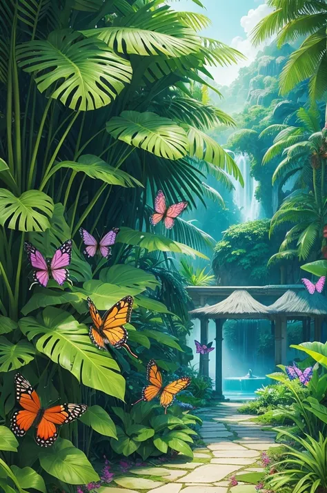 Butterflies in a mystical tropical paradise garden