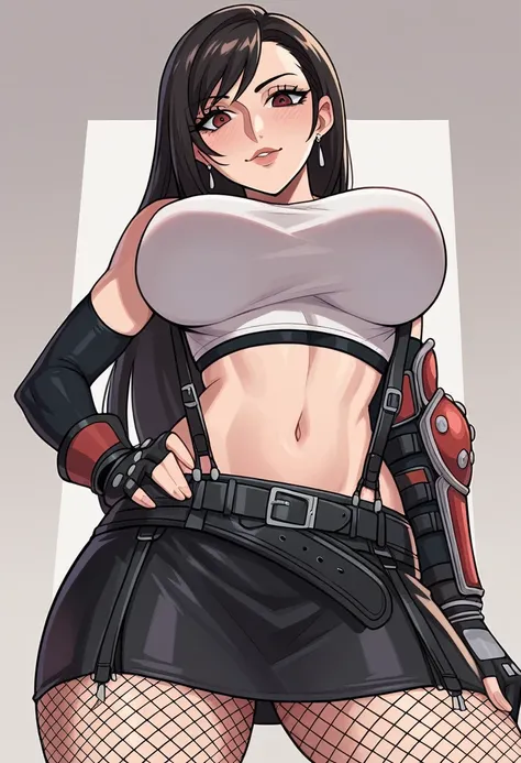 an image of a woman in a fishnet top and fishnet stockings with black corset, seductive tifa lockhart portrait, girl wearing a black corset and mini skirt, fishnet clothes, woman fullbody, portrait of tifa lockhart, tifa lockhart with black hair, female ch...