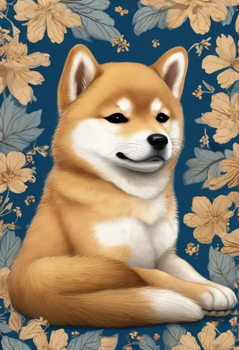 "Full body illustration of a sleeping Shiba Inu puppy with a curled tail.

The Shiba dog should have very realistic fur, distinctive true-to-life whiskers, blue eyes, and whiskers on its cheeks.

It should be depicted as a traditional Japanese dog with a J...