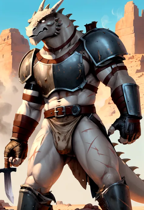  
Solo Sexy anthro scalie dragon male mercenary medieval solider, slim endomorph muscular handsome model male apperance, sword scars, worn out rusty skimpy armament, low on hips heavy leather belt, old very worn out skimpy dirty linen material jockstrap, o...