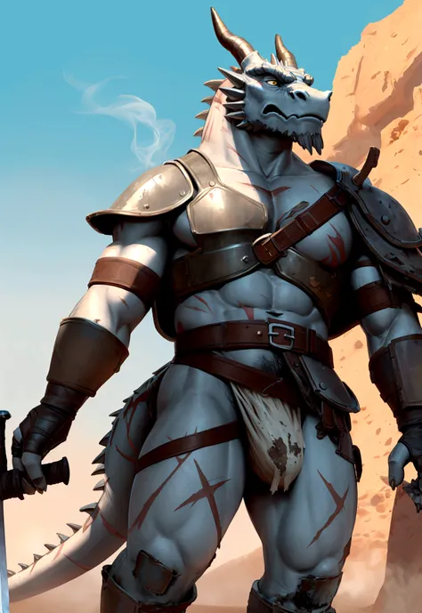  
Solo Sexy anthro scalie dragon male mercenary medieval solider, slim endomorph muscular handsome model male apperance, sword scars, worn out rusty skimpy armament, low on hips heavy leather belt, old very worn out skimpy dirty linen material jockstrap, o...