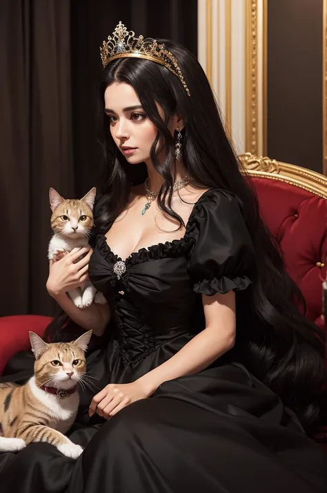 Maria Padilha in a long black dress with ruffles,long hair a crown on her head at night with a cat in her hands