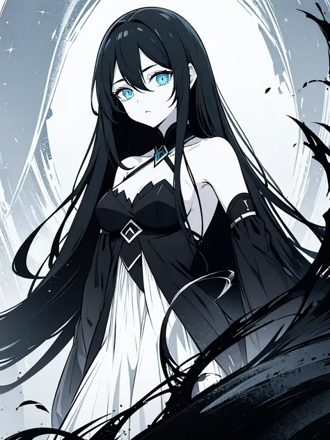 Black long hair aqua eyes pale skin 