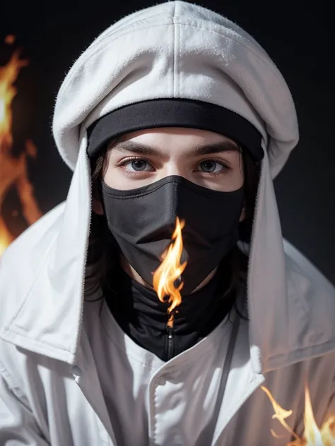 White cap with hair out male character with black mask and eyes on fire 