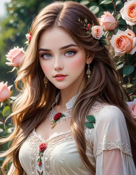 {({(rose themed:1.5)} beautiful girl, long hair, light colored eyes, delicate, calm demeanor, {beautifuly dressed with intricate...