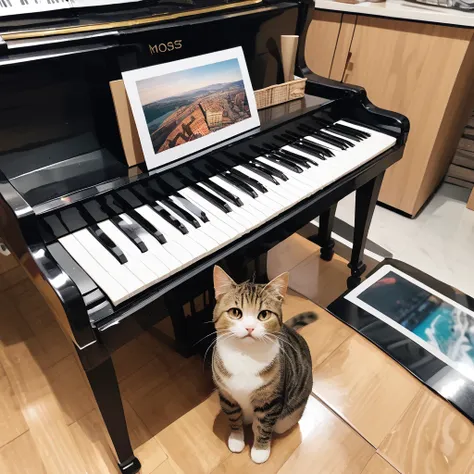 a cat on pianos keybord, photo graph. 