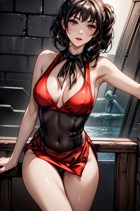 (8K HDR photorealistic pic), Betty Boop, short, althetic, curvy lady, ((tight little red dress)), dark eyebrows, black lipstick, (hoop earrings), dark eyeshadow, black lipstick, curvy, busty, (curly short black hair), shortstack, (retroussé breasts), darli...