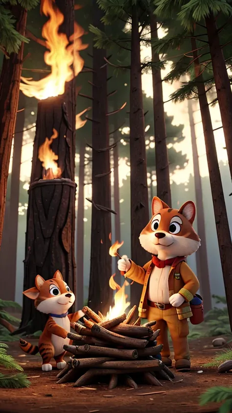 Animals in the forest putting out a fire.