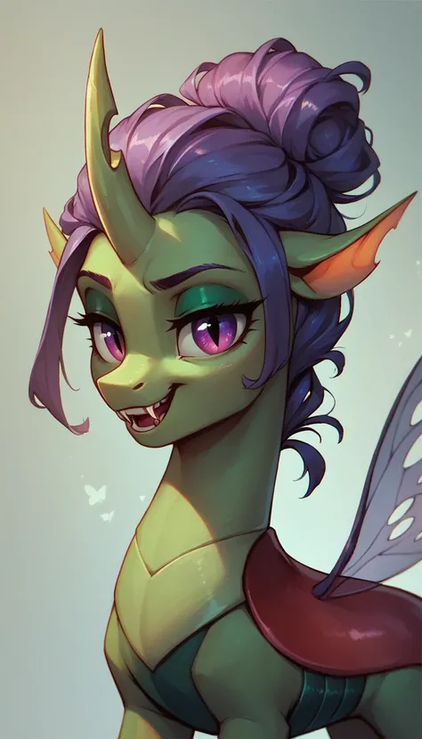 kind changeling from mlp, purple eyes, purple mane, pale green skin, winks at the camera.