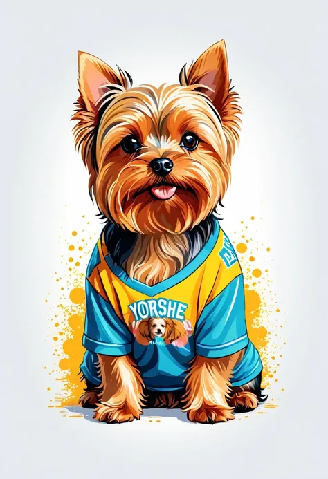 A t-shirt with graphic design art, flat illustration of a Yorkshire Terriers dog,  cuddly, colorful tones, highly detailed cleanliness, imagem vectorial, photorealistic masterpiece, professional photograpy, plain white background, isometric, Vibrant, vecto...