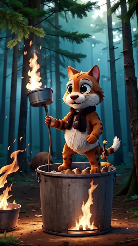 Animals in the forest with bucket of water putting out fire.