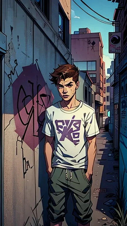  A sad young boy leaning against a graffiti-covered wall in a deserted alleyway.