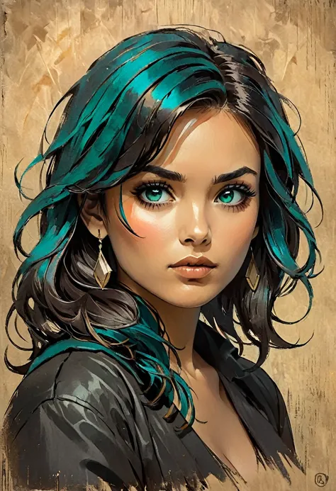 A woman in a situation?, sketch, amber to teal color wheel, detailed features, cute, vintage style, high contrast lighting, expressive brown eyes, tousled raven hair. (best quality, high res, realistic:1.37), vintage, monochrome, intense gaze, dramatic lig...