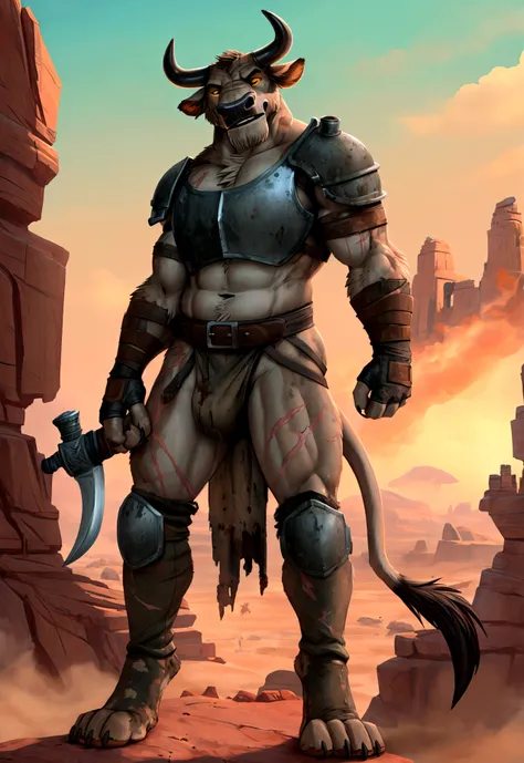  
Solo Sexy anthro furry bovine male mercenary medieval solider, slim endomorph muscular handsome model male apperance, scars, worn out rusty skimpy armament, low on hips heavy leather belt, old very worn out skimpy dirty linen material jockstrap, old yell...